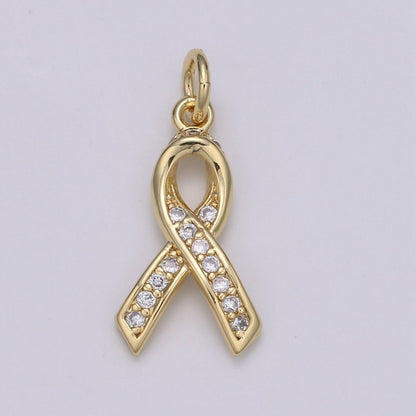 Dainty Pink Ribbon CZ Pave Charm Breast Cancer Awarness Pendant E-075