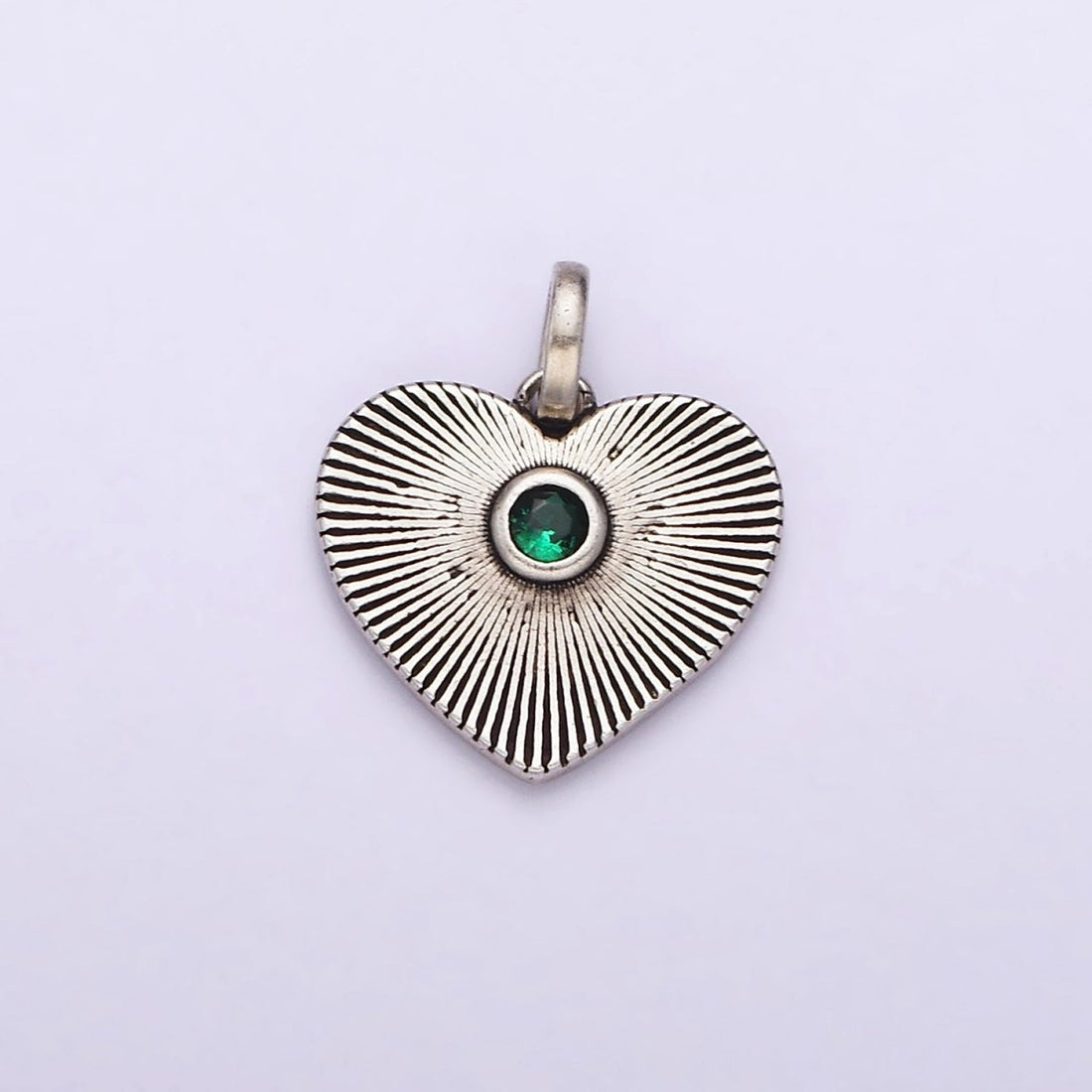 Dainty Radial Heart Charm in 925 Sterling Silver Pendant with Green Micro Pave Medallion Jewelry SL-323