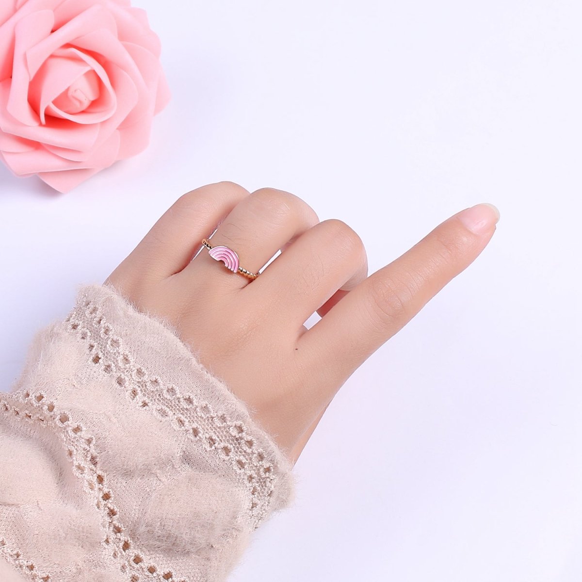 Dainty Rainbow Ring, Pink Enamel Ring Twisted Open Adjustable Ring Christmas New beginning gift U-113 U-114