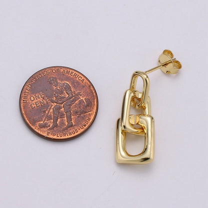 Dainty Rectangle Link Charm Stud, Gold Plated Simple Earring Modern design Earring, Butterfly backing closure Q-341