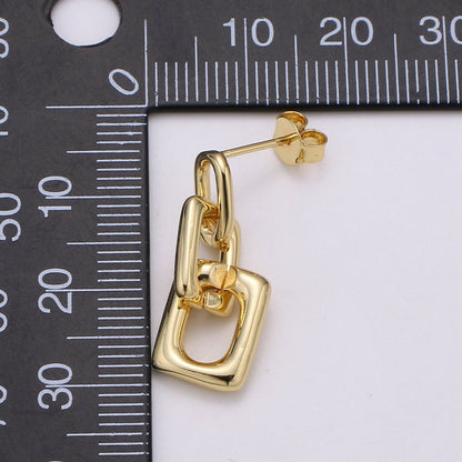 Dainty Rectangle Link Charm Stud, Gold Plated Simple Earring Modern design Earring, Butterfly backing closure Q-341