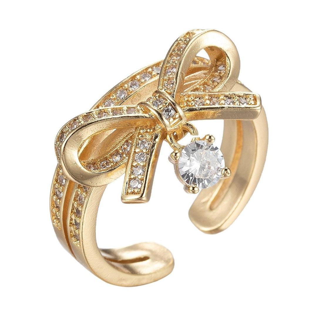 Dainty Ribbon Ring Gold Band Bow Ring Micro Pave Open Ring O-985