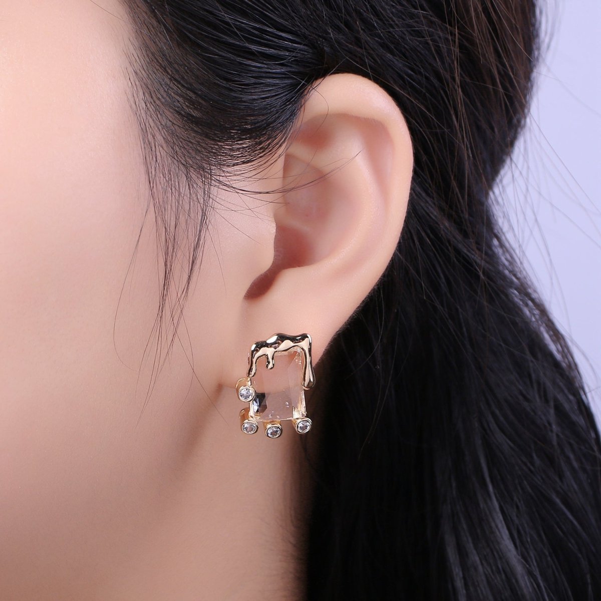 Dainty Square Stud Earring Melted Ice Cream Stud Earring Geometric Jewelry Clear Pink CZ Stud T-192 T-193