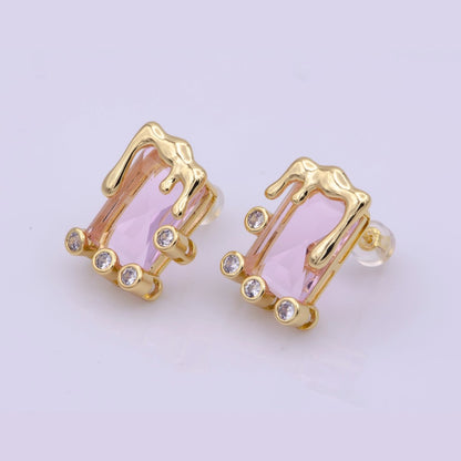 Dainty Square Stud Earring Melted Ice Cream Stud Earring Geometric Jewelry Clear Pink CZ Stud T-192 T-193