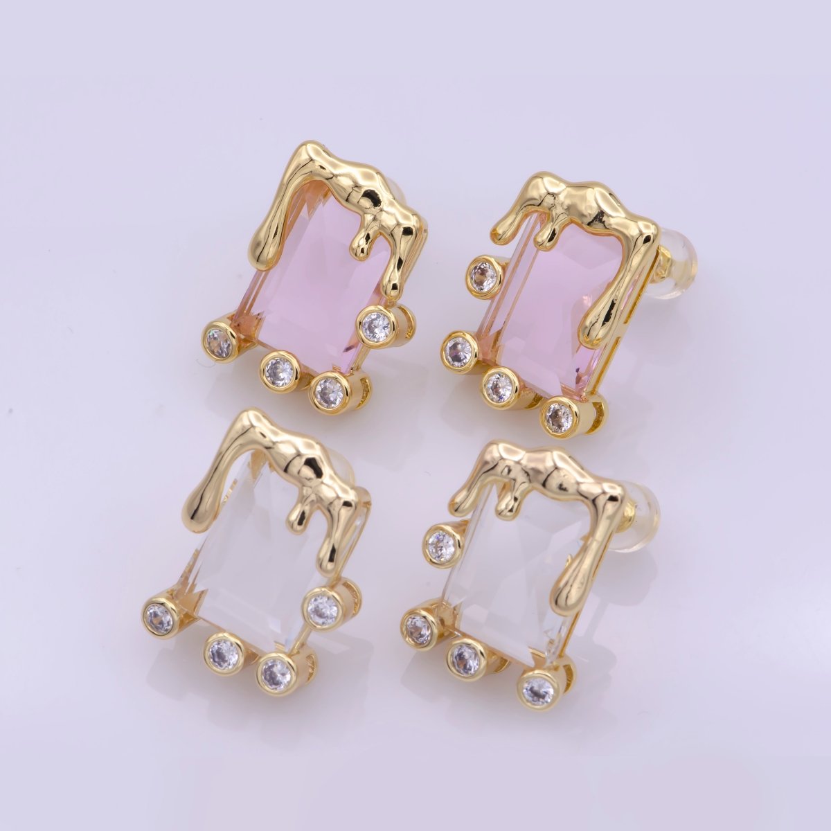 Dainty Square Stud Earring Melted Ice Cream Stud Earring Geometric Jewelry Clear Pink CZ Stud T-192 T-193