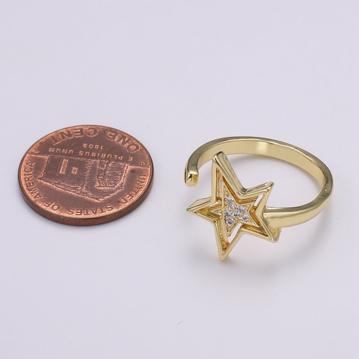 Dainty Star Ring 24K Gold Ring, CZ Celestial Ring Open Adjustable Gold Ring, Simple Gold Band R504