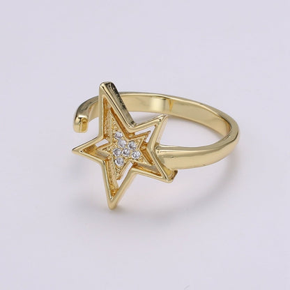 Dainty Star Ring 24K Gold Ring, CZ Celestial Ring Open Adjustable Gold Ring, Simple Gold Band R504
