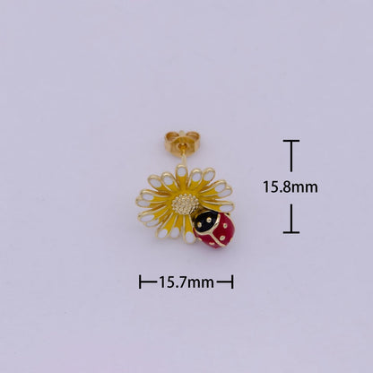 Dainty Sun Flower With Lady Bug Stud Earring Yellow Red Enamel T-261