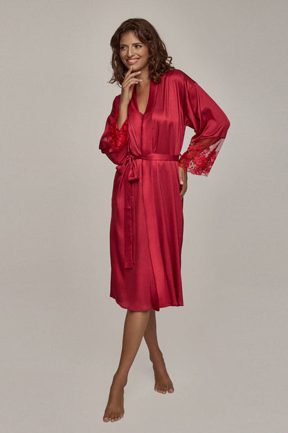 Long Sleeve Satin Bathrobe Ruby Red Tango