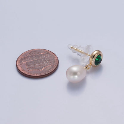 Dangle White Pearl Stud Earring with Green Emerald CZ for Wedding Jewelry T-536