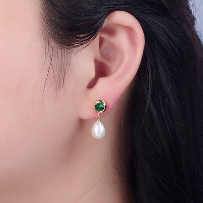 Dangle White Pearl Stud Earring with Green Emerald CZ for Wedding Jewelry T-536