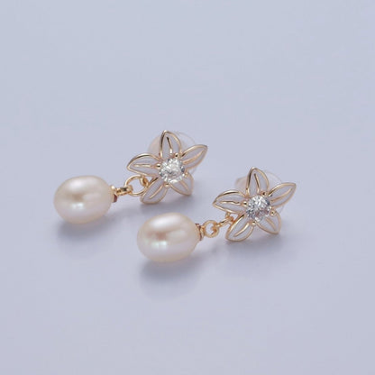 Dangle White Pearl Stud Earring with White Flower for Wedding Jewelry T-529