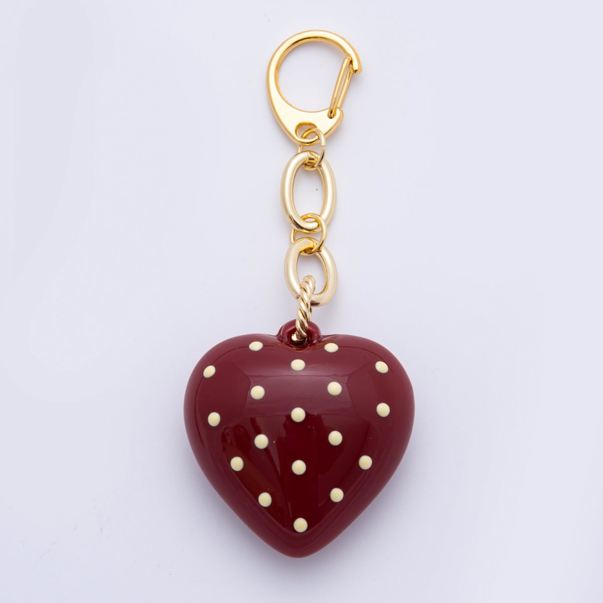 18K Gold Filled Dark Garnet Red Chubby Polka Dotted Heart Bag Charm Keychain Accessories | WB-00004 ~ WB-00006