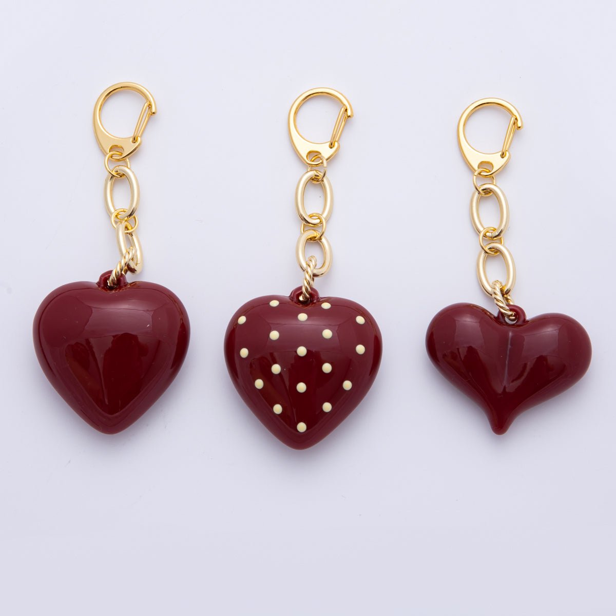 18K Gold Filled Dark Garnet Red Chubby Polka Dotted Heart Bag Charm Keychain Accessories | WB-00004 ~ WB-00006
