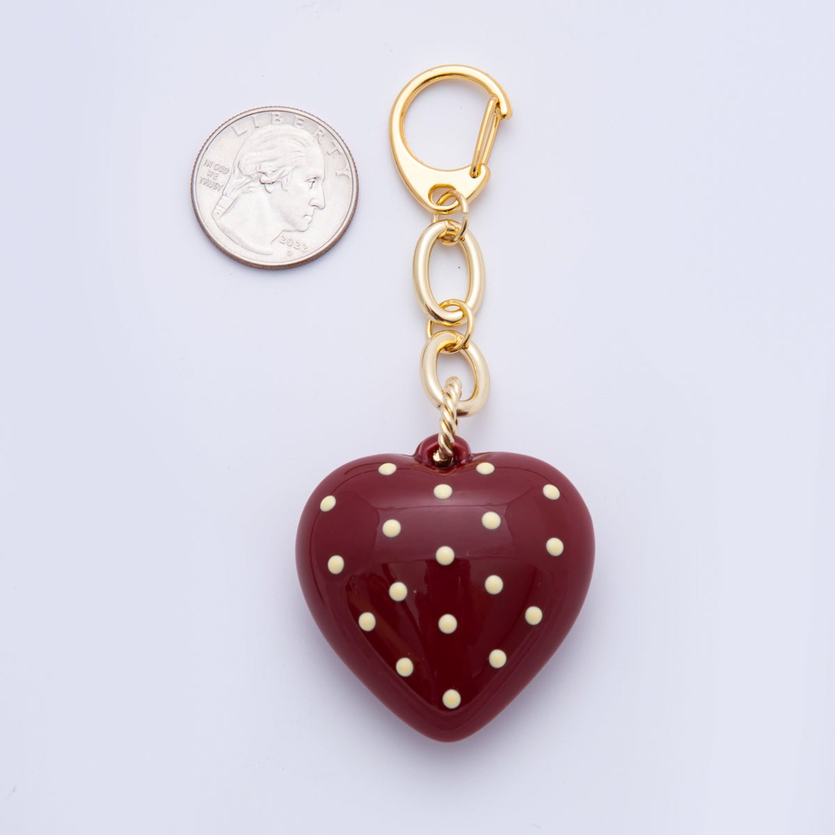18K Gold Filled Dark Garnet Red Chubby Polka Dotted Heart Bag Charm Keychain Accessories | WB-00004 ~ WB-00006