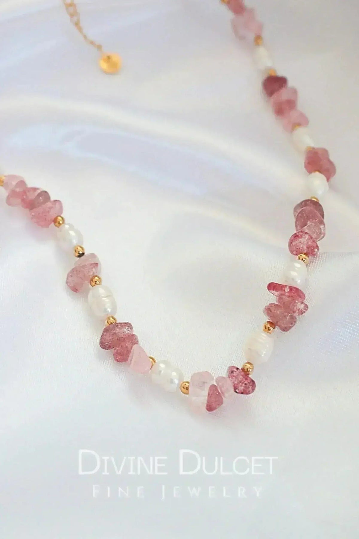 Natural Strawberry Quartz Crystal &amp; Freshwater Pearls Choker