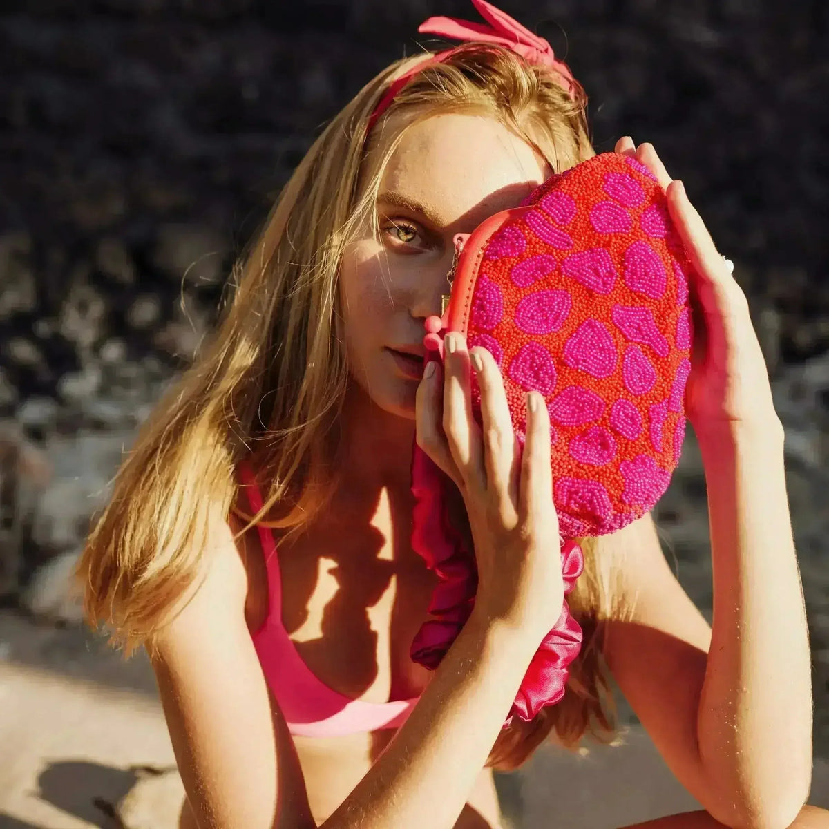 ARNOLDI JEAN Hand-beaded Clutch, in Red &amp; Pink