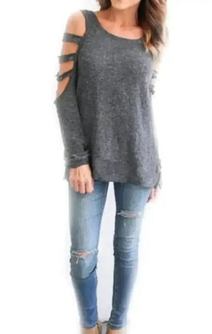 Cut-Out Shoulder Top - Trendy Long Sleeve Blouse | Femstylo