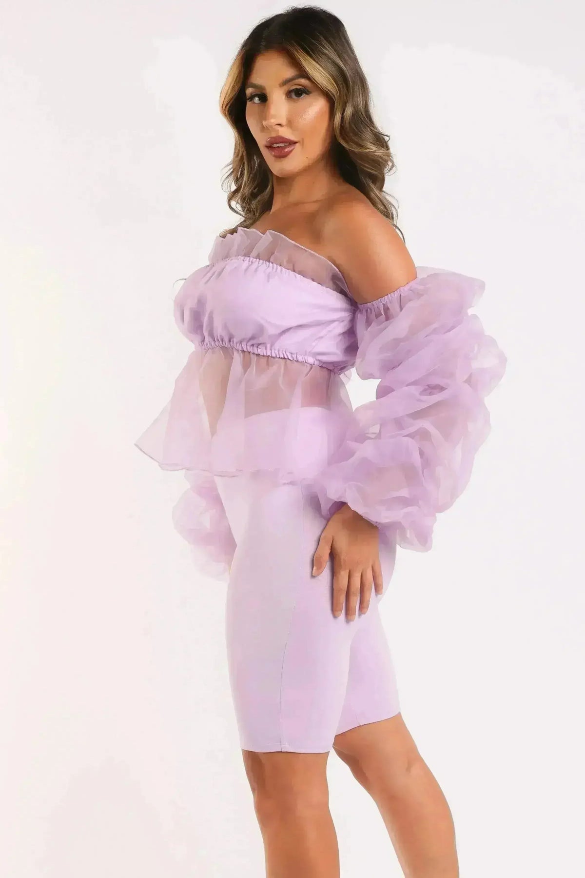 Sexy Organza Sleeve Detailed Top &amp; Matching Shorts 2 Piece Set lavndr