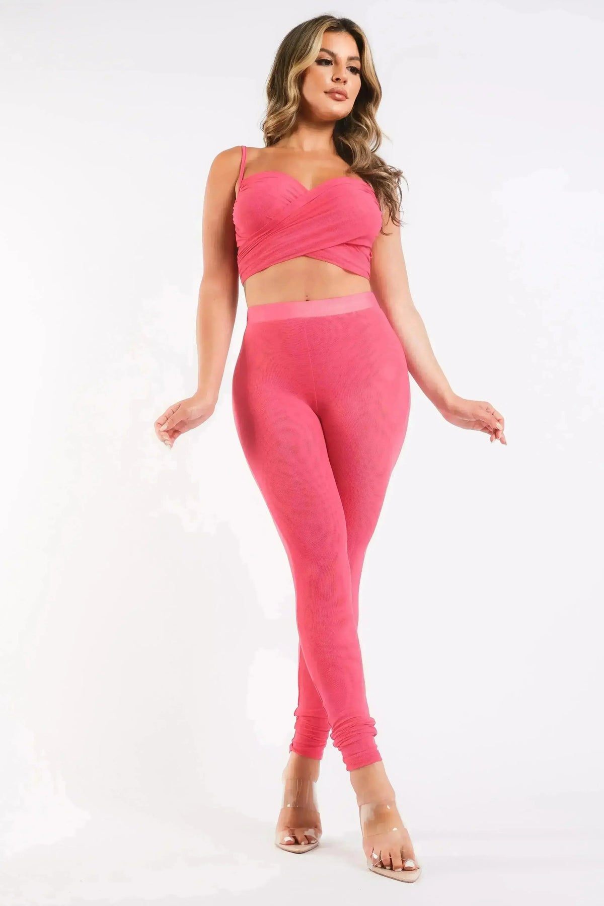 Mesh Contrast Sets Casual Sports Strappy Sleeve Top &amp; Leggings FUCHSIA