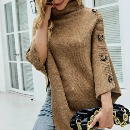 Turtleneck Poncho – Khaki Acrylic Winter Wrap | One Size