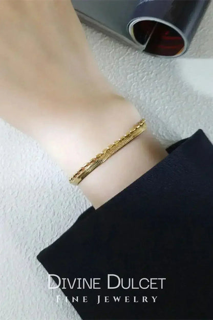 18K Gold Double Chain Bracelet - Flat &amp; Link Style Adjustable Bangle | Femstylo