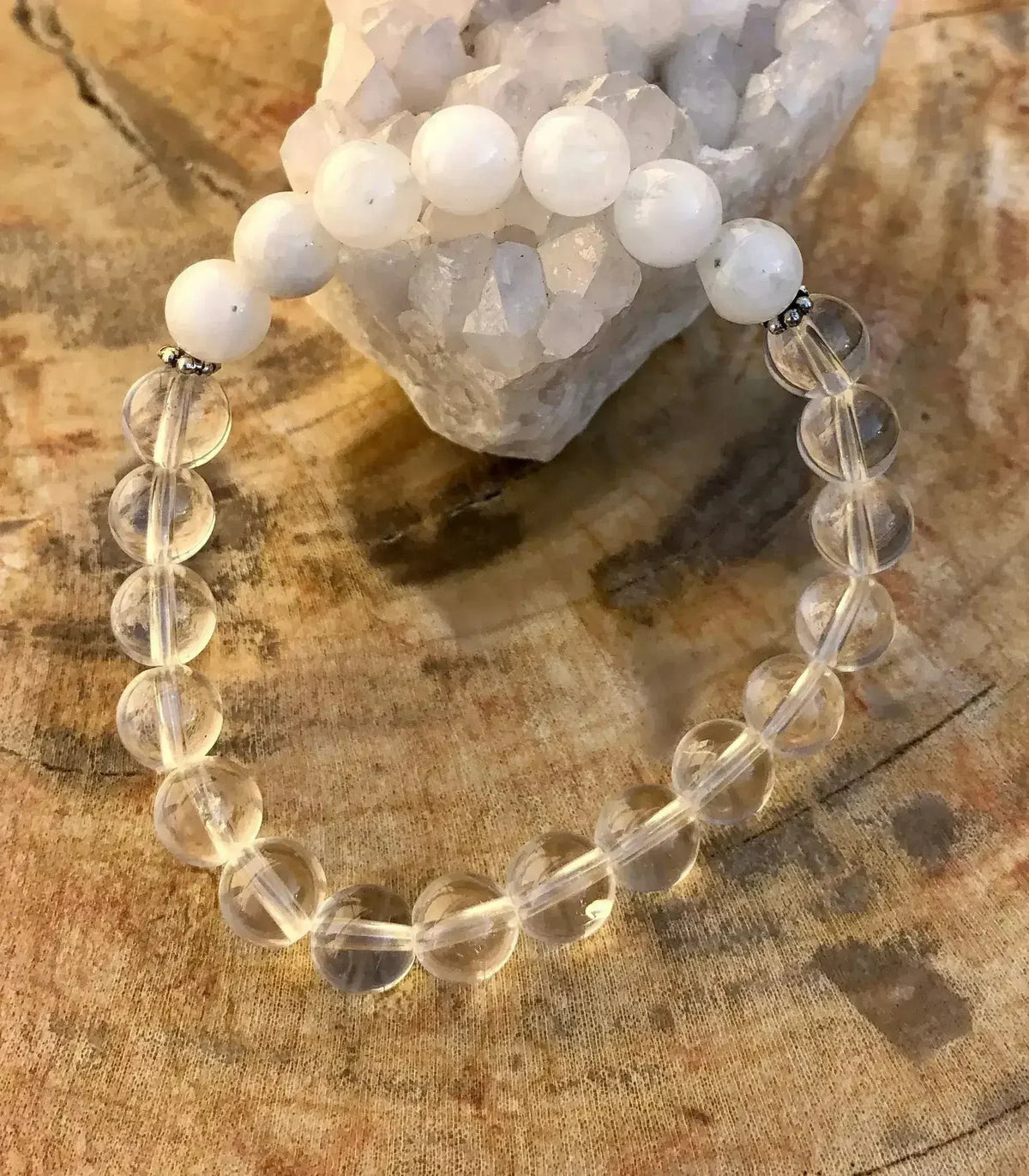 Rainbow Moonstone &amp; Crystal Quartz Stretch Bracelet! Genuine Crystals!