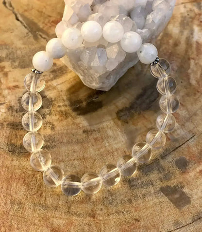Rainbow Moonstone &amp; Crystal Quartz Stretch Bracelet! Genuine Crystals!
