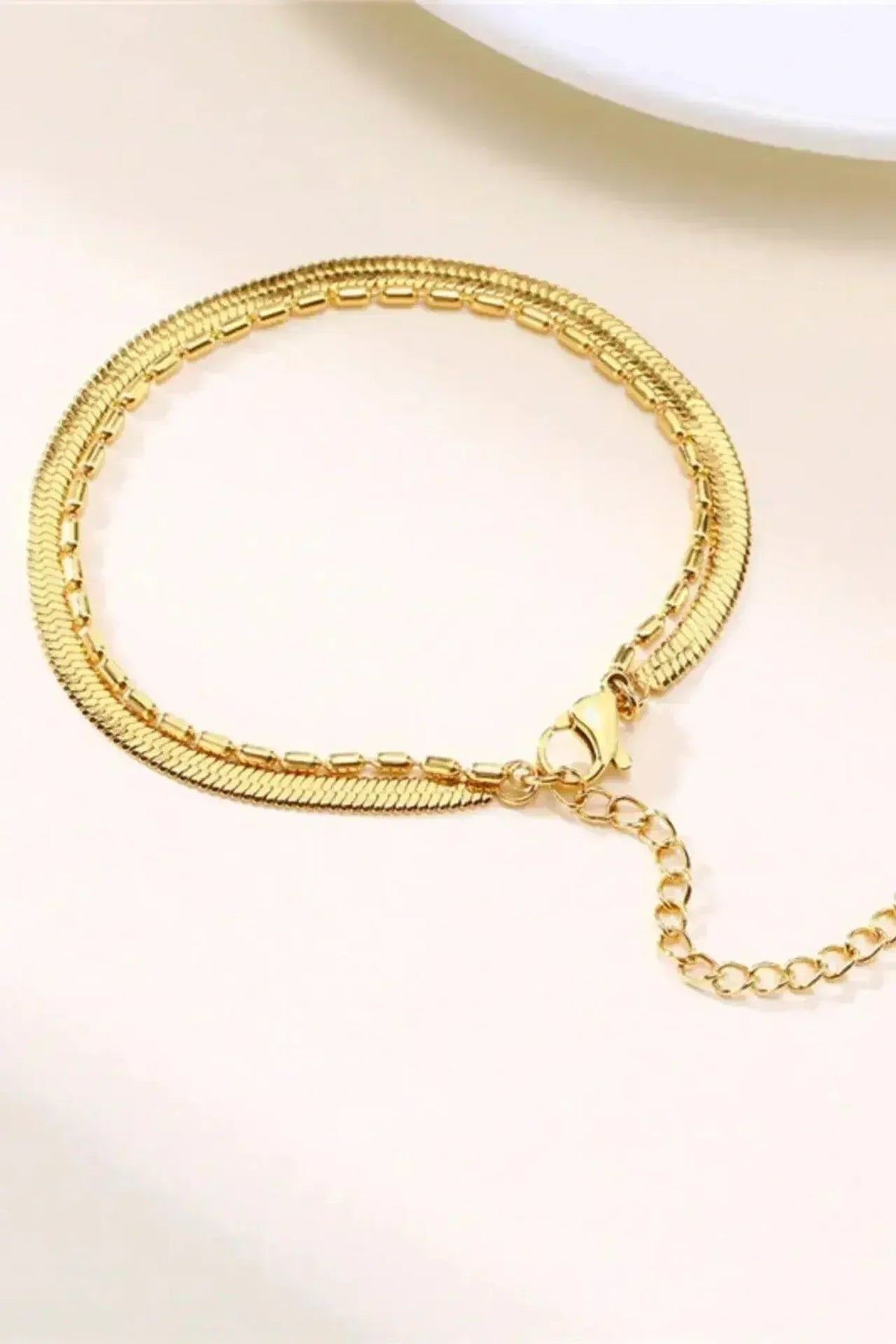18K Gold Double Chain Bracelet - Flat &amp; Link Style Adjustable Bangle | Femstylo