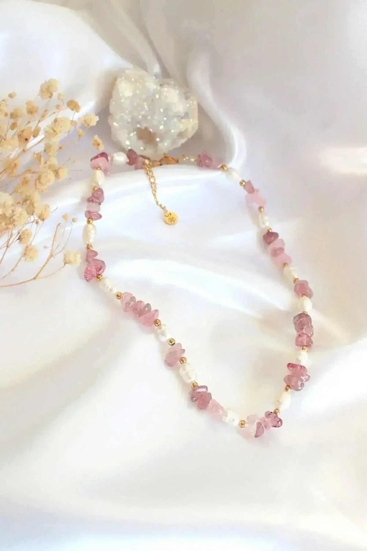 Natural Strawberry Quartz Crystal &amp; Freshwater Pearls Choker