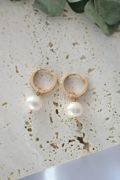 Baroque Pearl Hoop Earrings - 24K Gold &amp; CZ | Femstylo