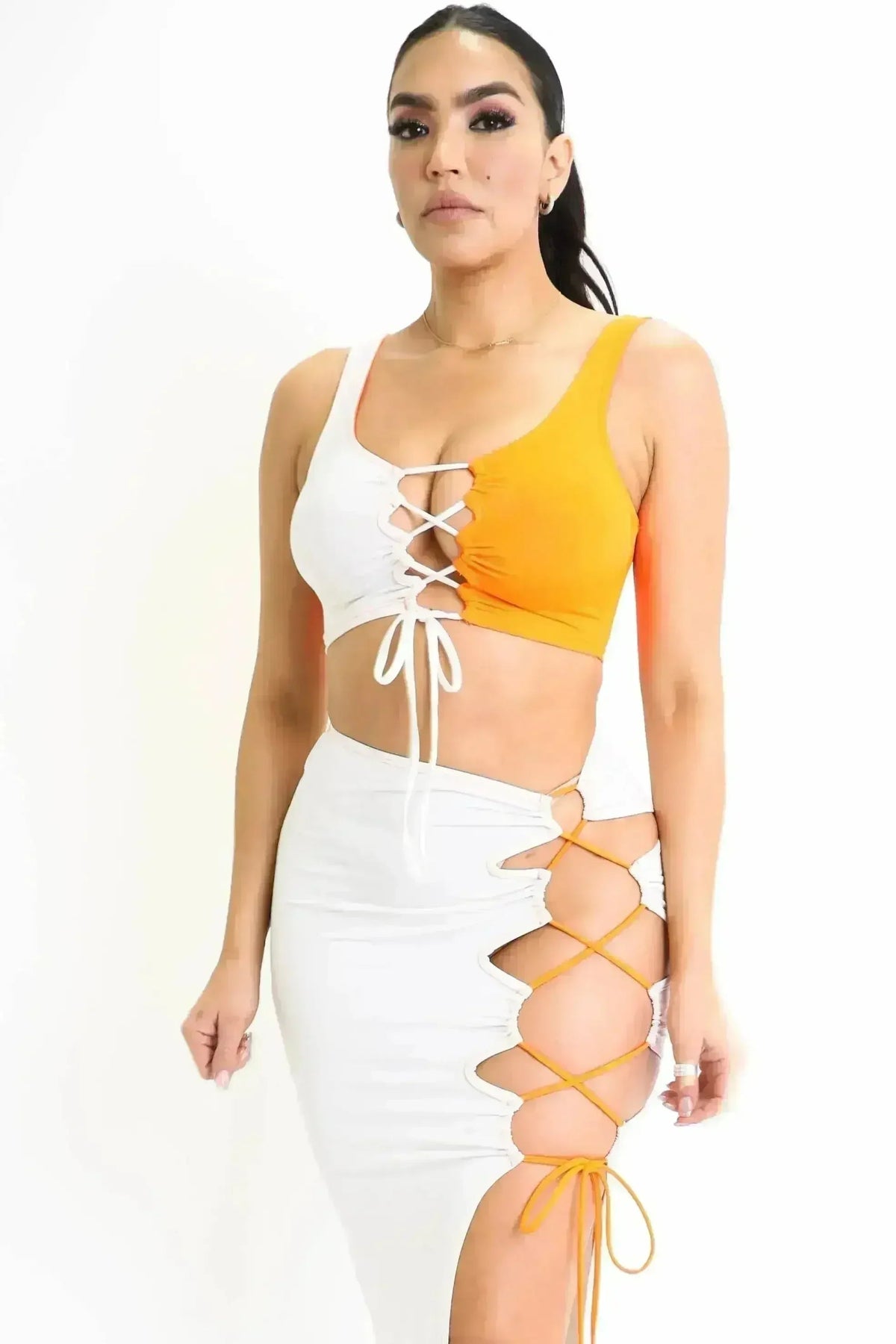 ColorBlock Side Lace up Top &amp; Matching Maxi Skirt 2 Piece Outfit Set