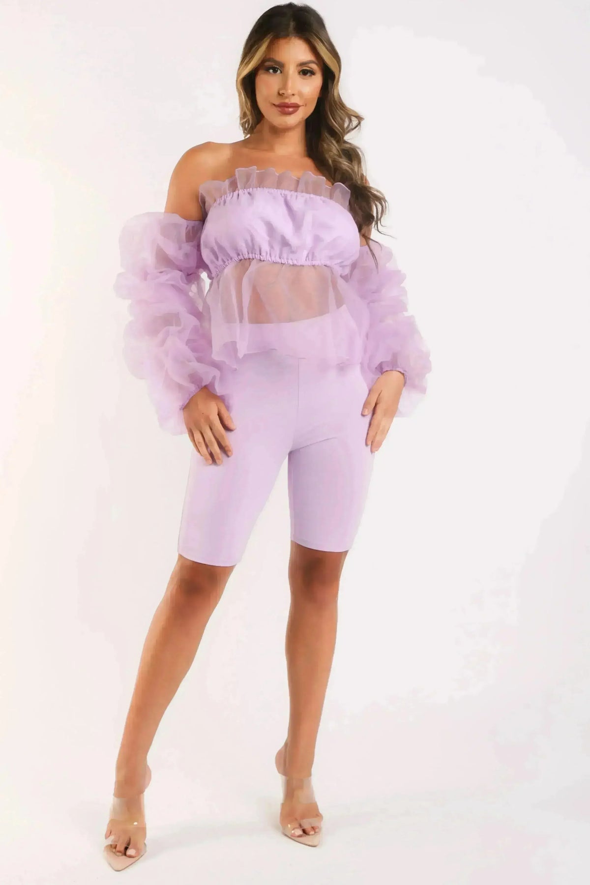 Sexy Organza Sleeve Detailed Top &amp; Matching Shorts 2 Piece Set lavndr