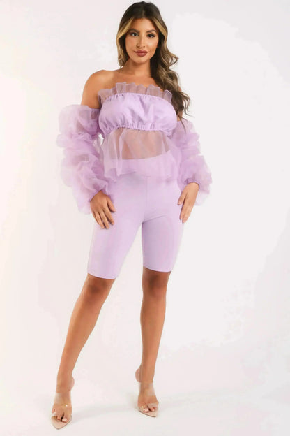 Sexy Organza Sleeve Detailed Top &amp; Matching Shorts 2 Piece Set lavndr