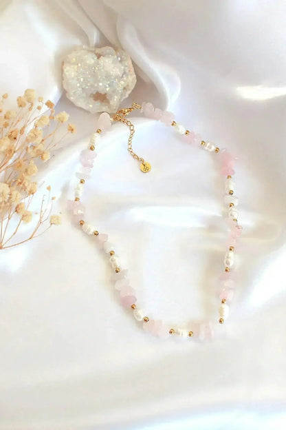 Natural Rose Quartz Crystal &amp; Freshwater Pearls Choker