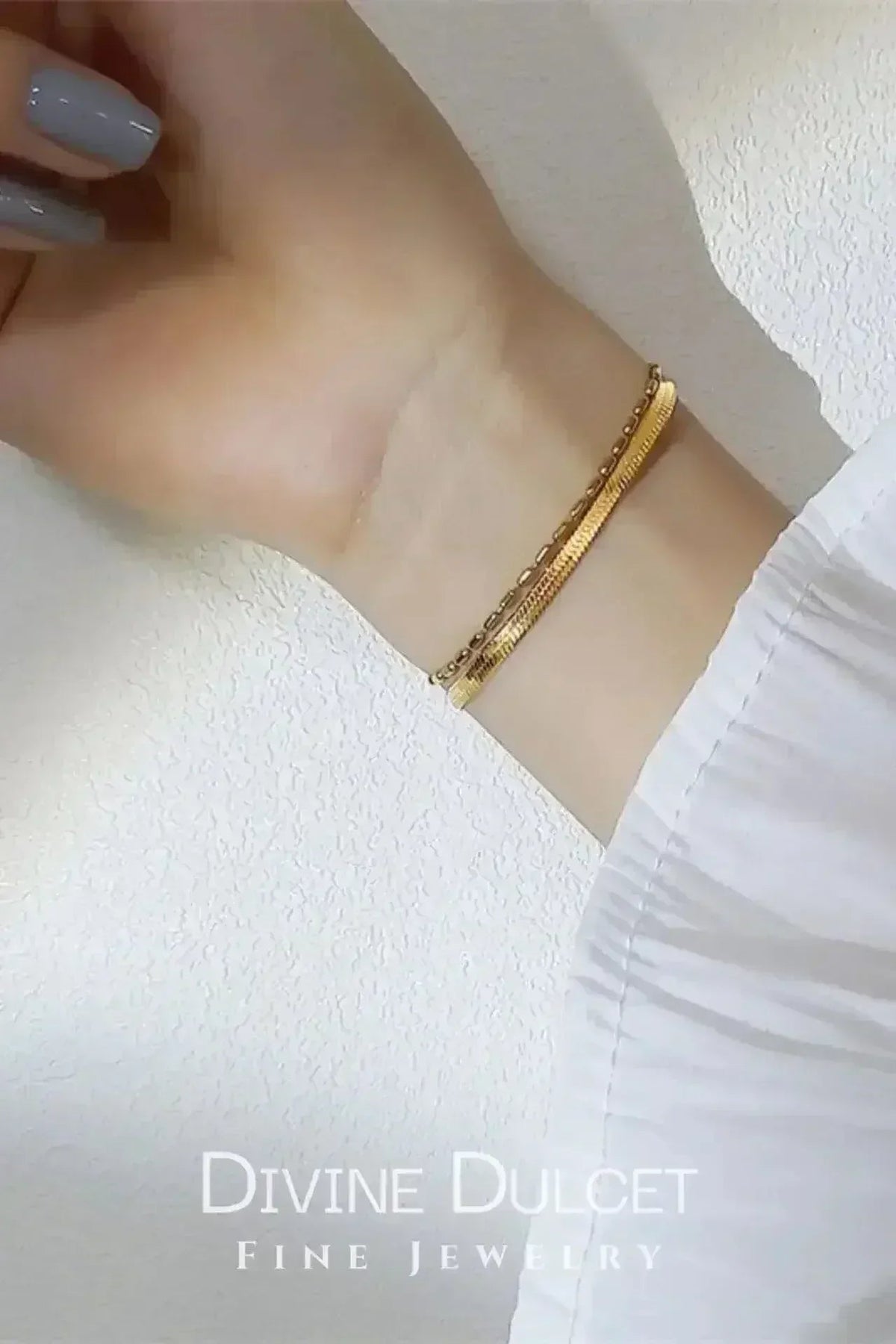 18K Gold Double Chain Bracelet - Flat &amp; Link Style Adjustable Bangle | Femstylo
