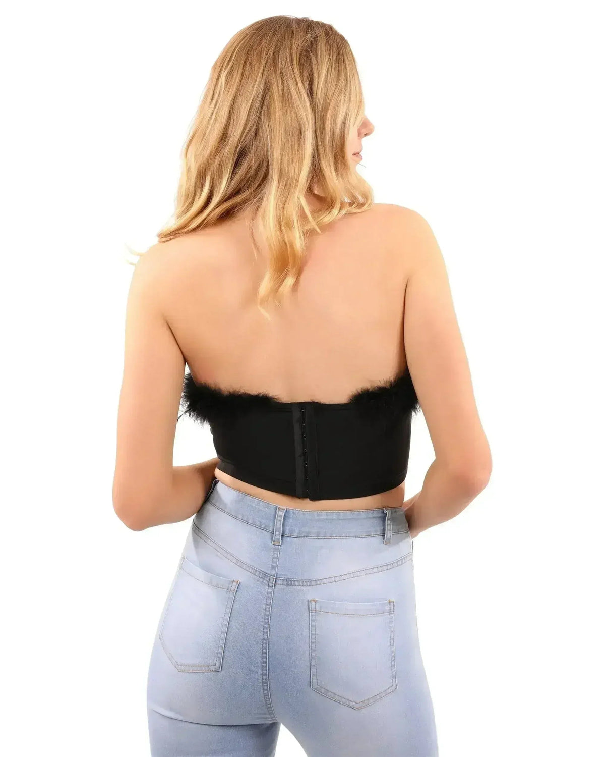 Fur Trim Crop Top | Sexy Black Top | Hook &amp; Eye Back