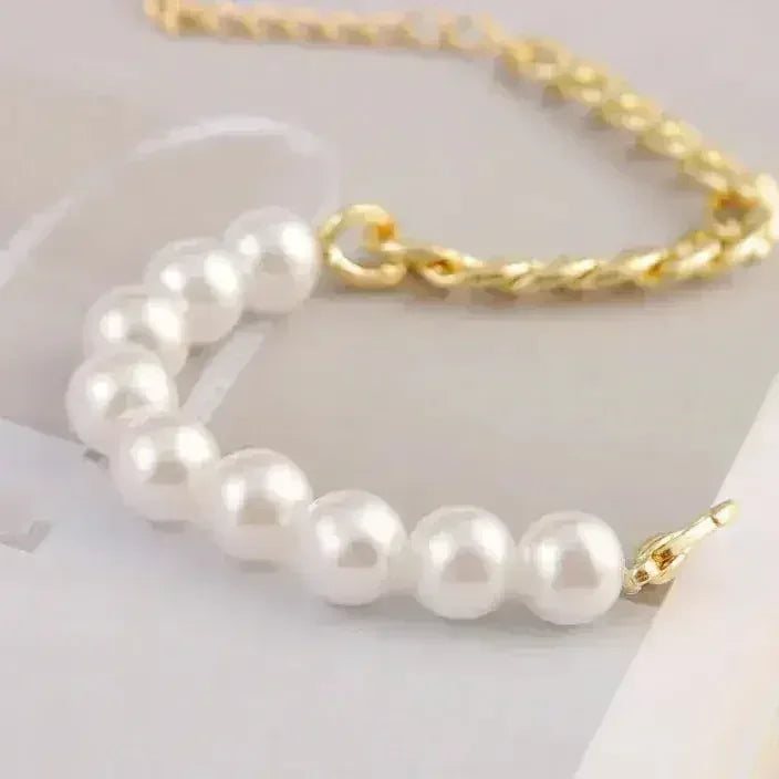 Pearl &amp; Chain Bracelet – Gold Plated Half Beaded Jewelry
