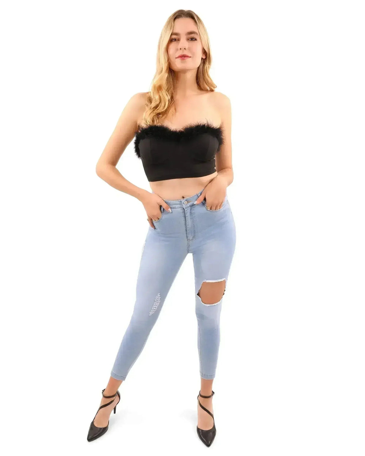 Fur Trim Crop Top | Sexy Black Top | Hook &amp; Eye Back