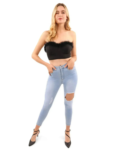 Fur Trim Crop Top | Sexy Black Top | Hook &amp; Eye Back