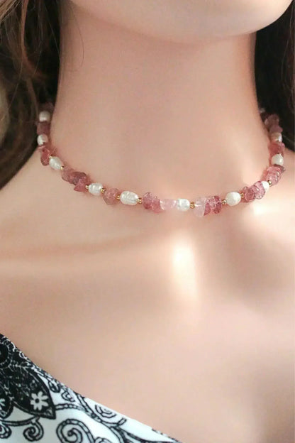 Natural Strawberry Quartz Crystal &amp; Freshwater Pearls Choker