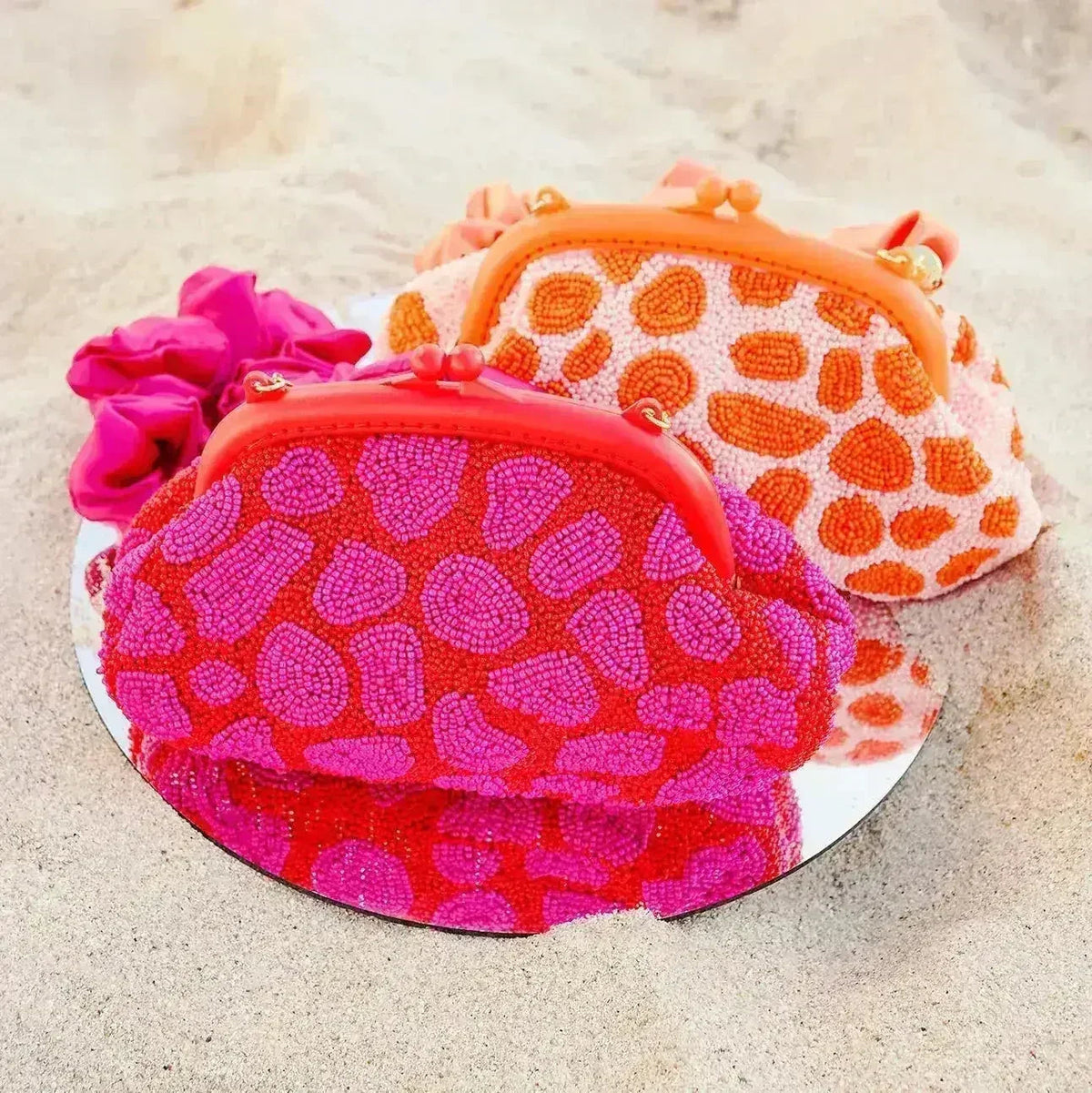 ARNOLDI JEAN Hand-beaded Clutch, in Red &amp; Pink