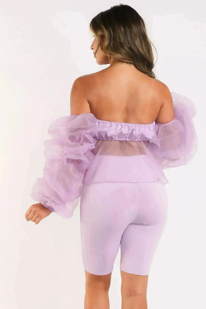 Sexy Organza Sleeve Detailed Top &amp; Matching Shorts 2 Piece Set lavndr