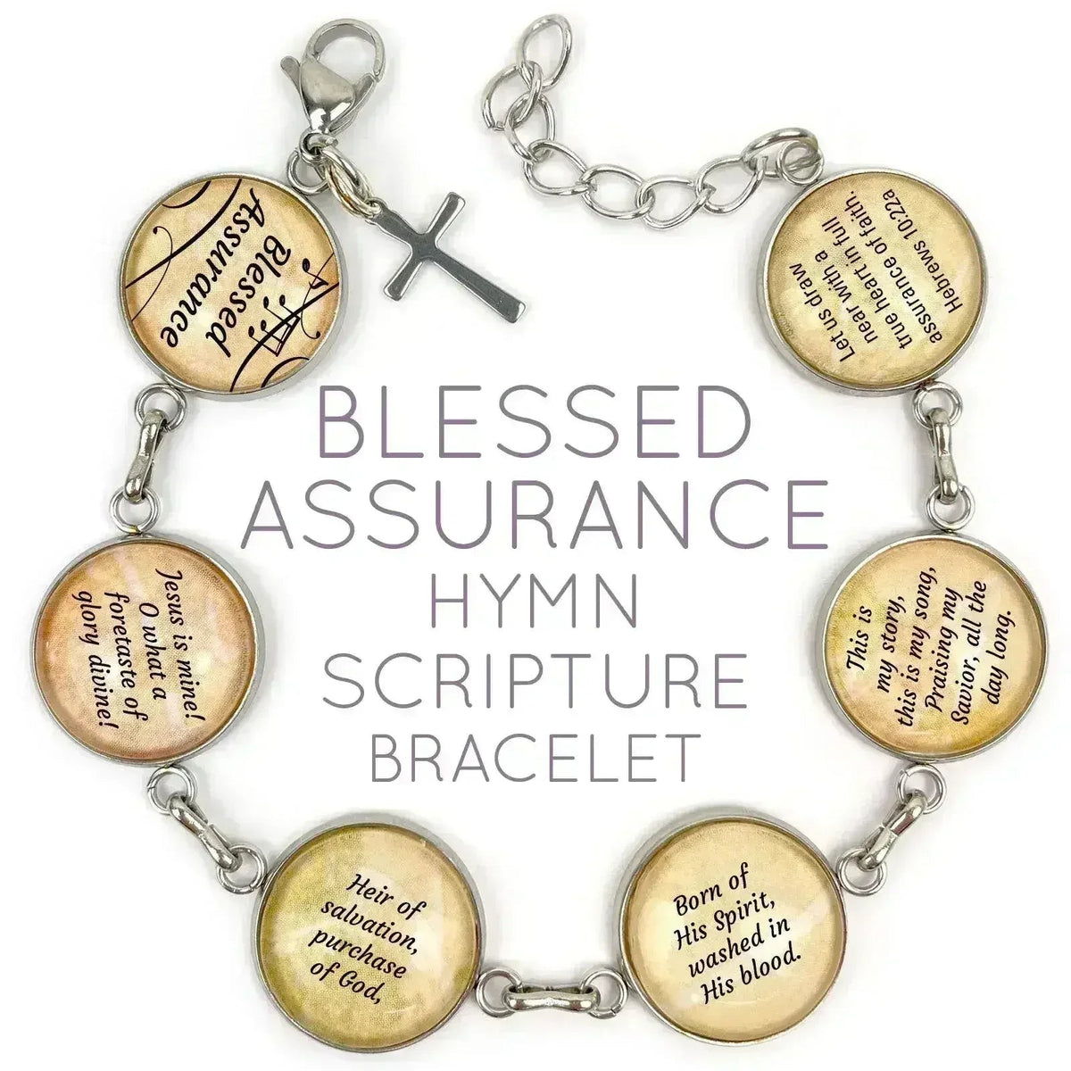 Blessed Assurance Hymn &amp; Scripture Glass Charm Bracelet – Stainless