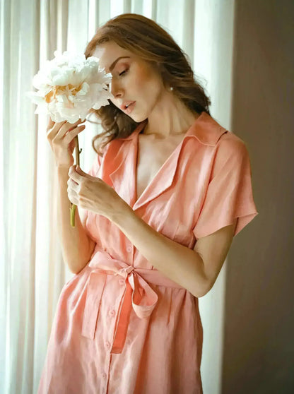 ARYA Safari Linen Midi Dress, in Salmon Pink