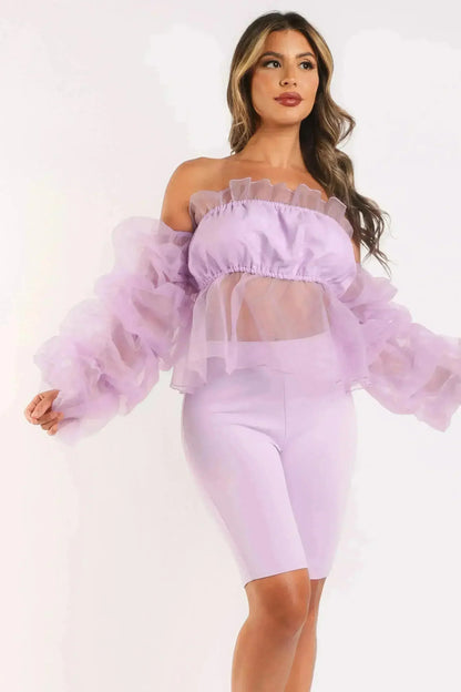 Sexy Organza Sleeve Detailed Top &amp; Matching Shorts 2 Piece Set lavndr