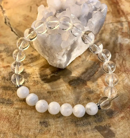 Rainbow Moonstone &amp; Crystal Quartz Stretch Bracelet! Genuine Crystals!