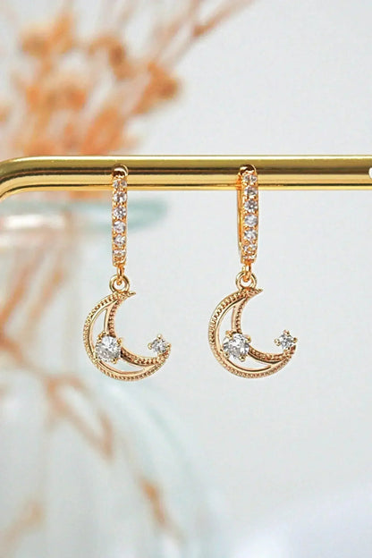 Moon Hoop Earrings - 24K Gold &amp; Cubic Zirconia | Femstylo