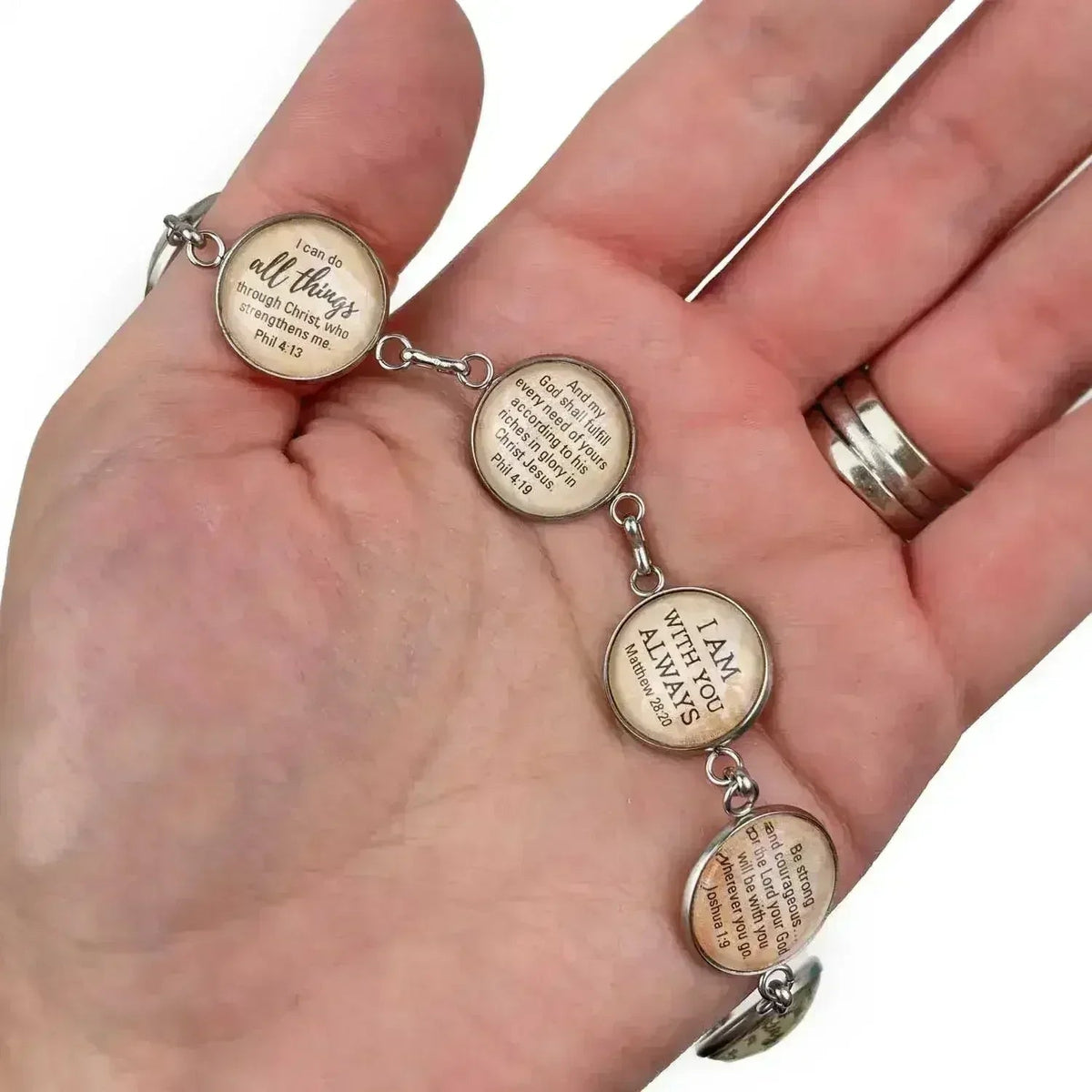 Blessed Assurance Hymn &amp; Scripture Glass Charm Bracelet – Stainless