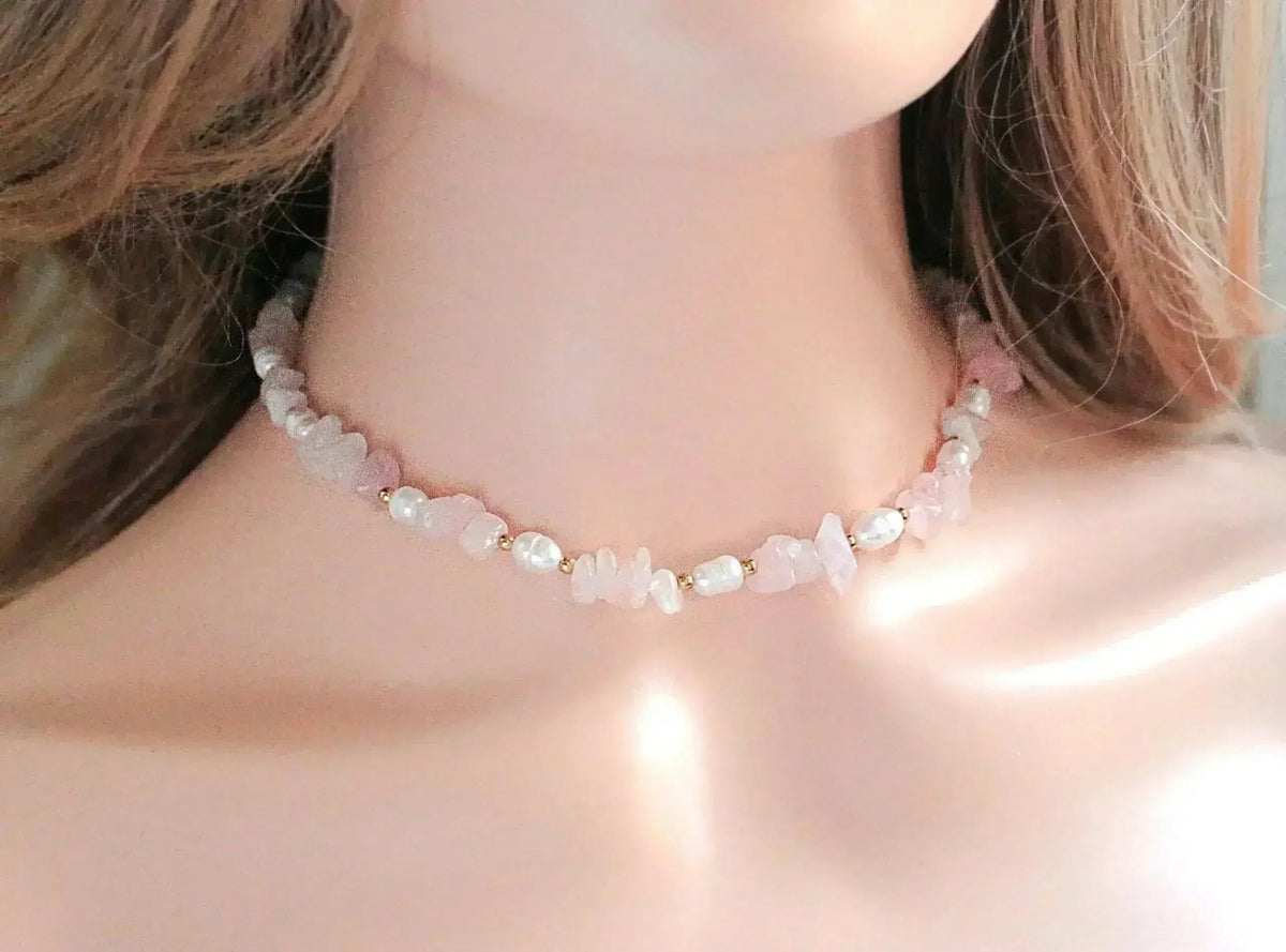 Natural Rose Quartz Crystal &amp; Freshwater Pearls Choker